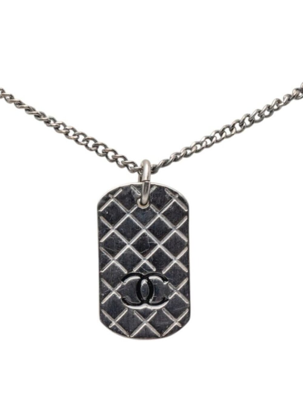 Chanel Quilted Dog Tag CC Logo Necklace Silver Metal